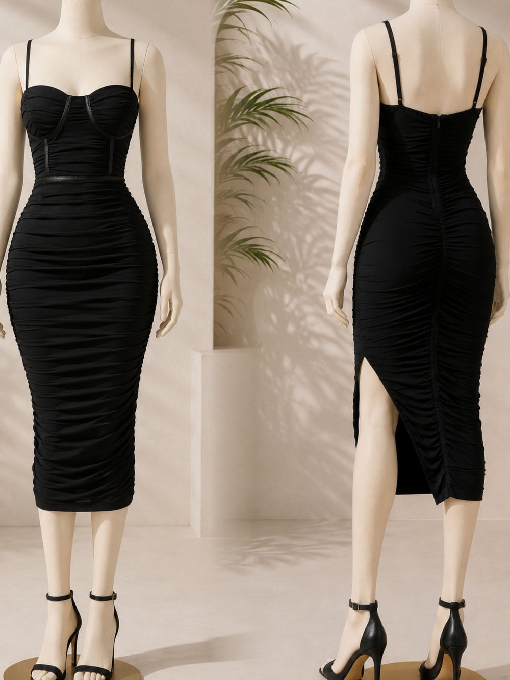 Black Ruched Bodycon Midi Dress with Spaghetti Straps